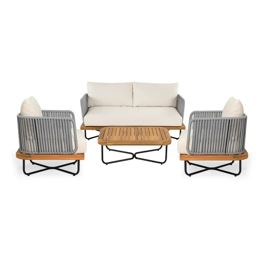 OUTDOOR 4-PIECE ROPE WOVEN CONVERSATION SOFA SET WITH WOODEN TOP TABLE