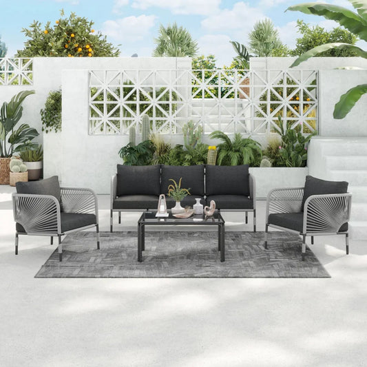 OUTDOOR ROPE 5-SEATER SOFA SET WITH GLASS TOP TABLE
