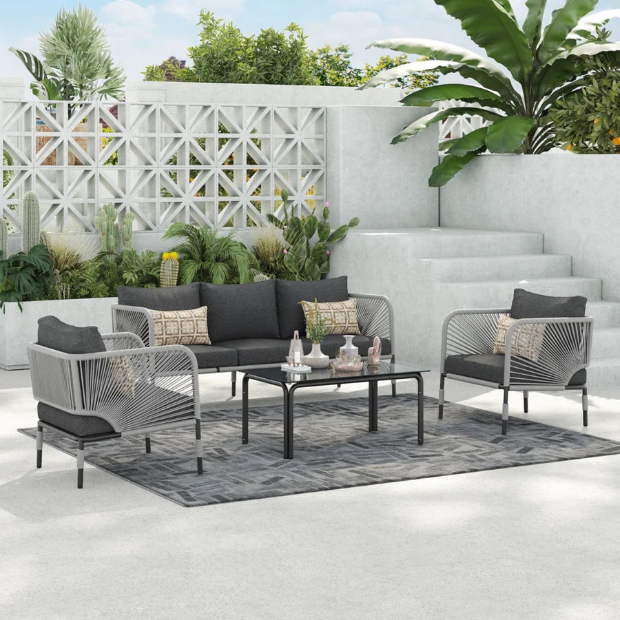 OUTDOOR ROPE 5-SEATER SOFA SET WITH GLASS TOP TABLE