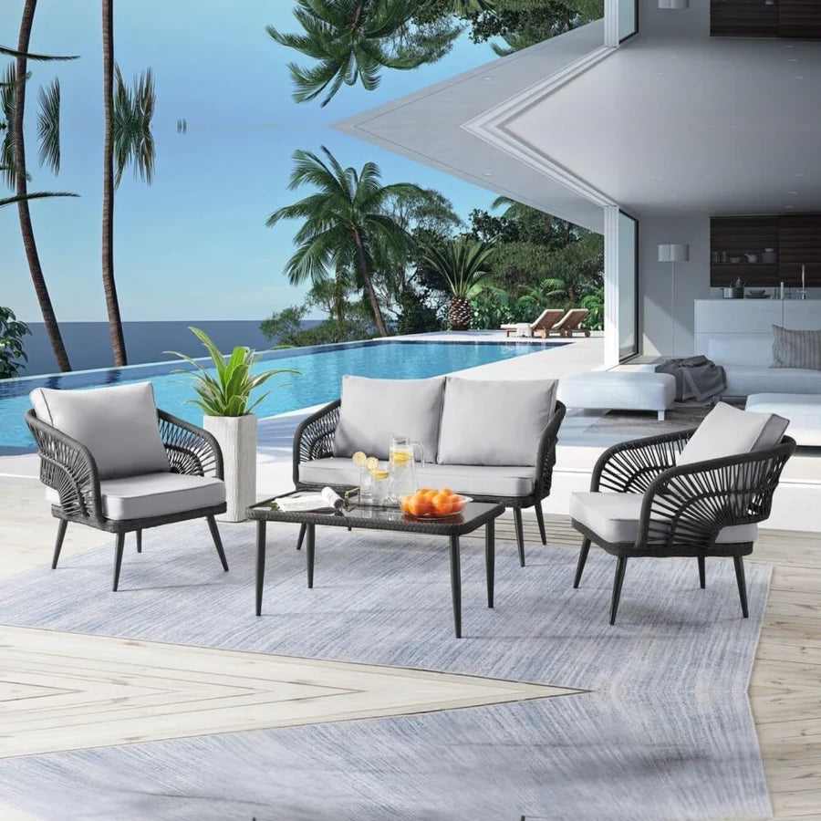 OUTDOOR ROPE 4-PIECE PATIO SOFA SET WITH GLASS TOP TABLE