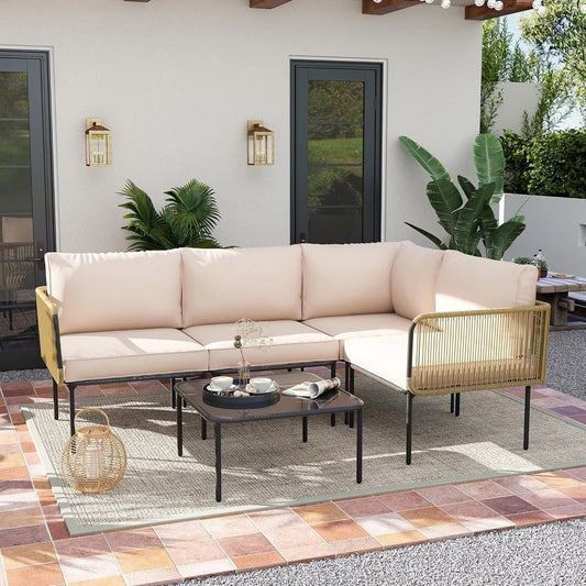L-SHAPED ROPE WOVEN OUTDOOR SOFA SET