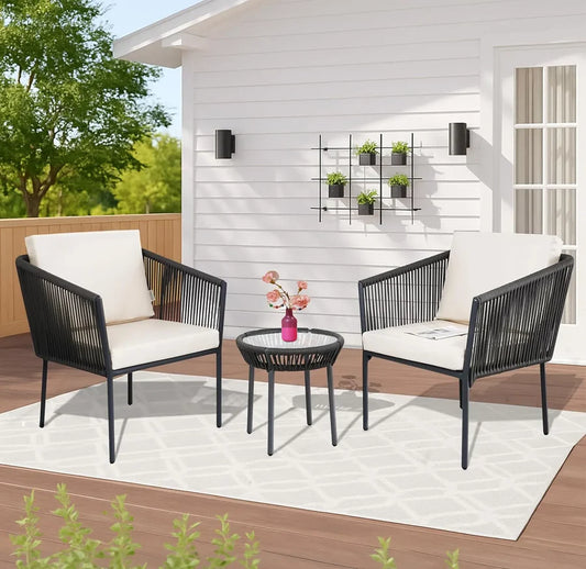 OUTDOOR ROPE PATIO SET WITH GLASS TOP TABLE