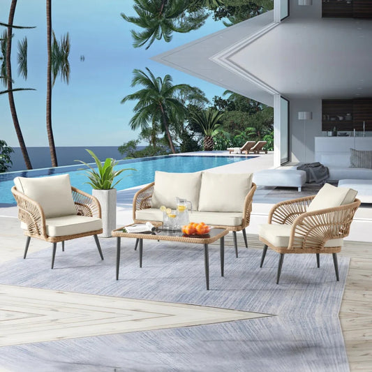 OUTDOOR ROPE 4-PIECE PATIO SOFA SET WITH GLASS TOP TABLE