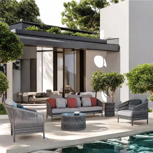 OUTDOOR 5 SEATER ROPE PATIO SOFA SET WITH CENTER TABLE AND SIDE TABLE