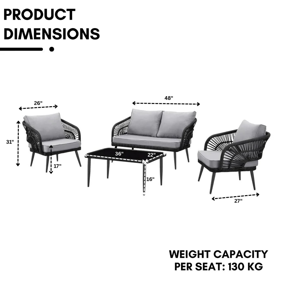 OUTDOOR ROPE 4-PIECE PATIO SOFA SET WITH GLASS TOP TABLE