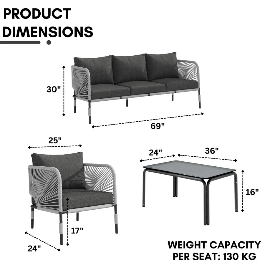 OUTDOOR ROPE 5-SEATER SOFA SET WITH GLASS TOP TABLE