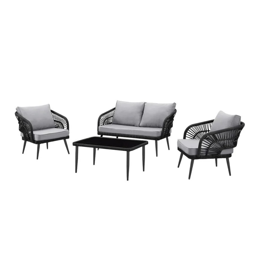 OUTDOOR ROPE 4-PIECE PATIO SOFA SET WITH GLASS TOP TABLE