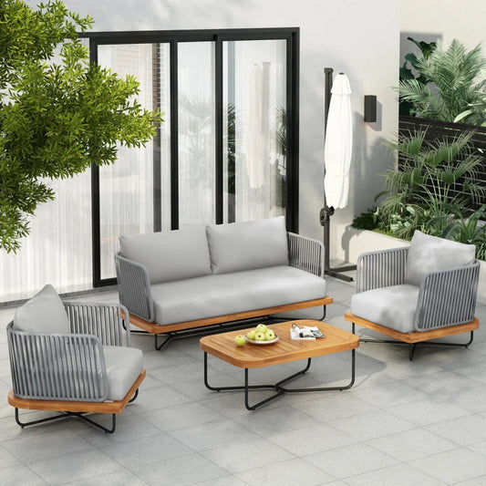 OUTDOOR 4-PIECE ROPE WOVEN CONVERSATION SOFA SET WITH WOODEN TOP TABLE