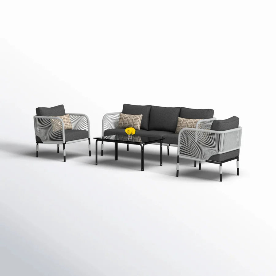 OUTDOOR ROPE 5-SEATER SOFA SET WITH GLASS TOP TABLE