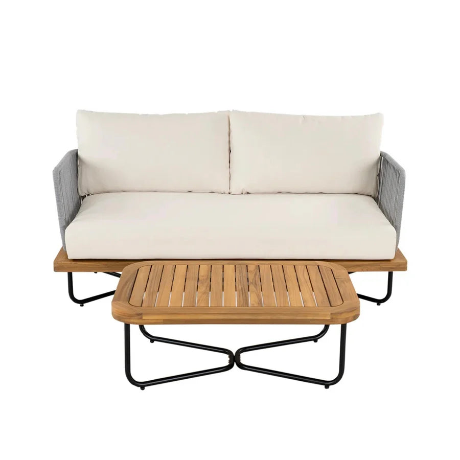 OUTDOOR 4-PIECE ROPE WOVEN CONVERSATION SOFA SET WITH WOODEN TOP TABLE