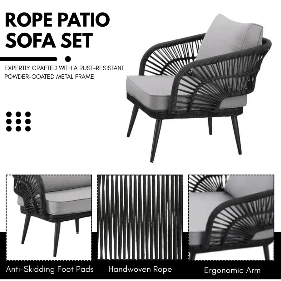OUTDOOR ROPE 4-PIECE PATIO SOFA SET WITH GLASS TOP TABLE