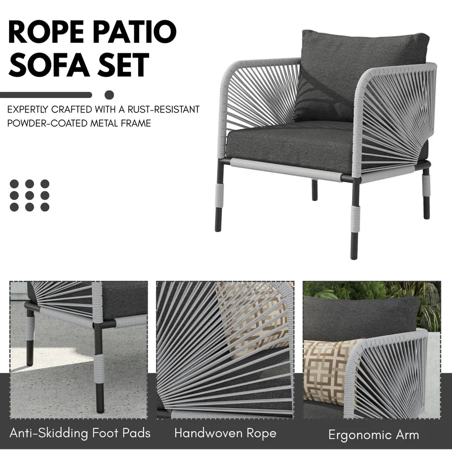 OUTDOOR ROPE 5-SEATER SOFA SET WITH GLASS TOP TABLE