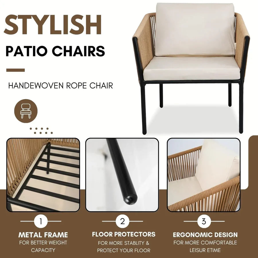 OUTDOOR ROPE PATIO SET WITH GLASS TOP TABLE