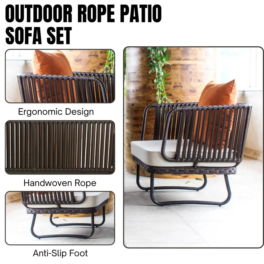 OUTDOOR ROPE 4-PIECE PATIO SOFA SET WITH WICKER TOP TABLE