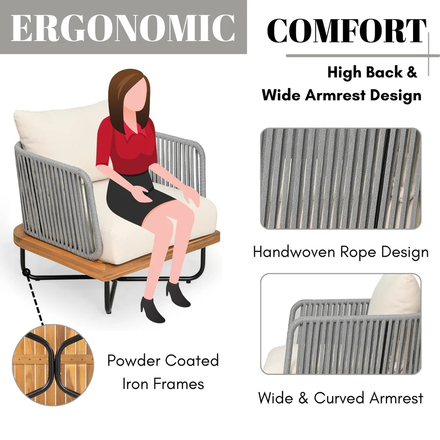 OUTDOOR 4-PIECE ROPE WOVEN CONVERSATION SOFA SET WITH WOODEN TOP TABLE