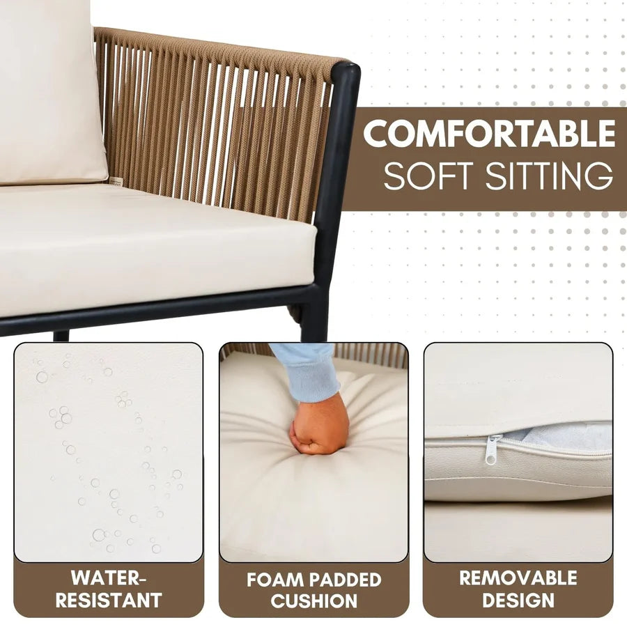 OUTDOOR ROPE PATIO SET WITH GLASS TOP TABLE