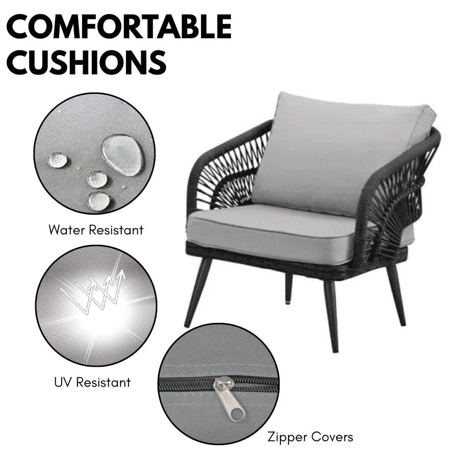 OUTDOOR ROPE 4-PIECE PATIO SOFA SET WITH GLASS TOP TABLE