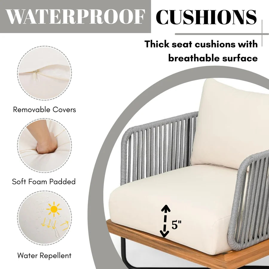 OUTDOOR 4-PIECE ROPE WOVEN CONVERSATION SOFA SET WITH WOODEN TOP TABLE