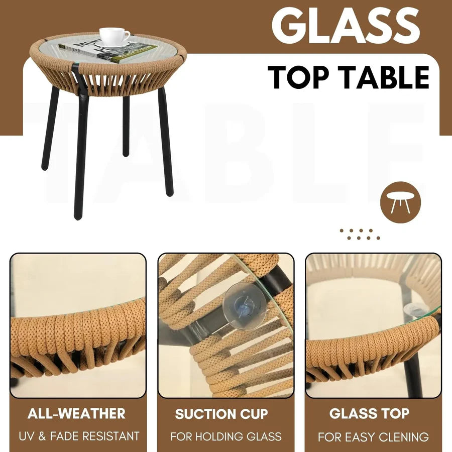 OUTDOOR ROPE PATIO SET WITH GLASS TOP TABLE