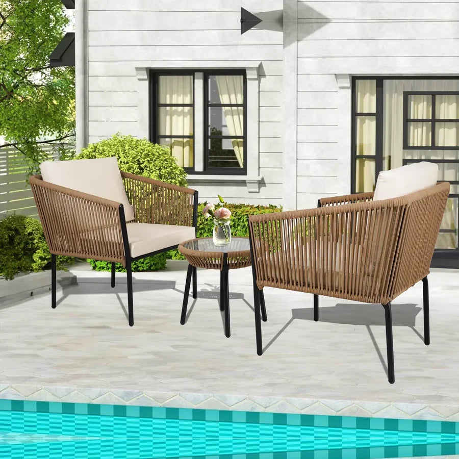 OUTDOOR ROPE PATIO SET WITH GLASS TOP TABLE