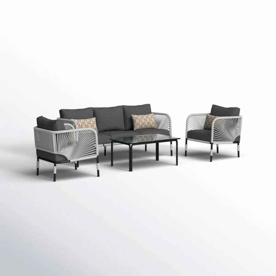 OUTDOOR ROPE 5-SEATER SOFA SET WITH GLASS TOP TABLE