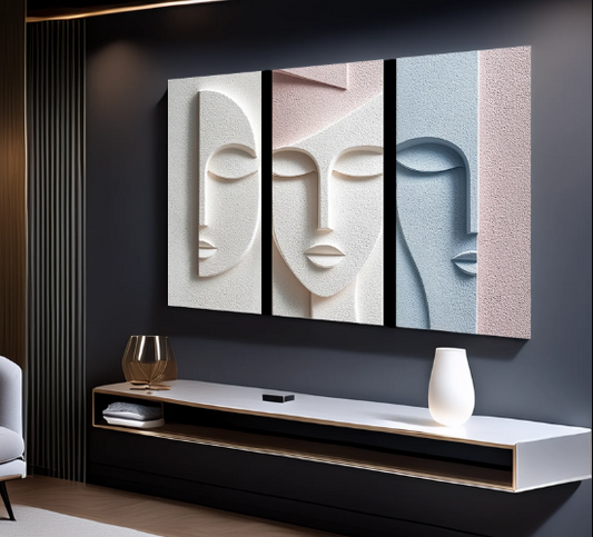 ABSTRACT FEMALE FACE TEXTURED TRIPTYCH IN PASTEL TONES