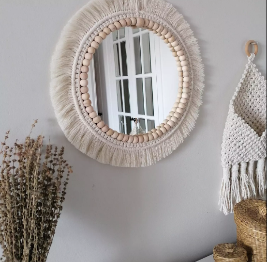 SET OF 3 BOHO WALL DECOR MIRRORS WITH WOODEN BEADS