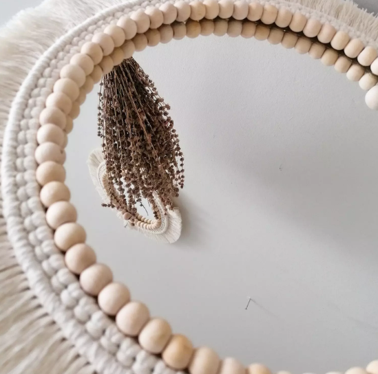 SET OF 3 BOHO WALL DECOR MIRRORS WITH WOODEN BEADS