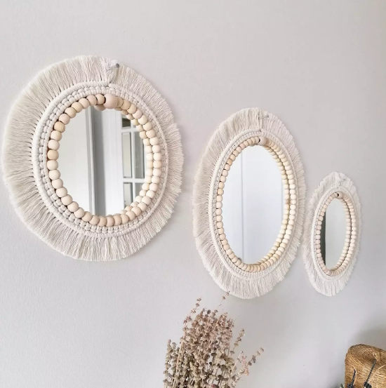 SET OF 3 BOHO WALL DECOR MIRRORS WITH WOODEN BEADS