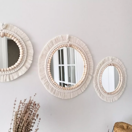 SET OF 3 BOHO WALL DECOR MIRRORS WITH WOODEN BEADS