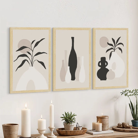 BOHO FLORAL VASES ART PAINTINGS SET OF 3