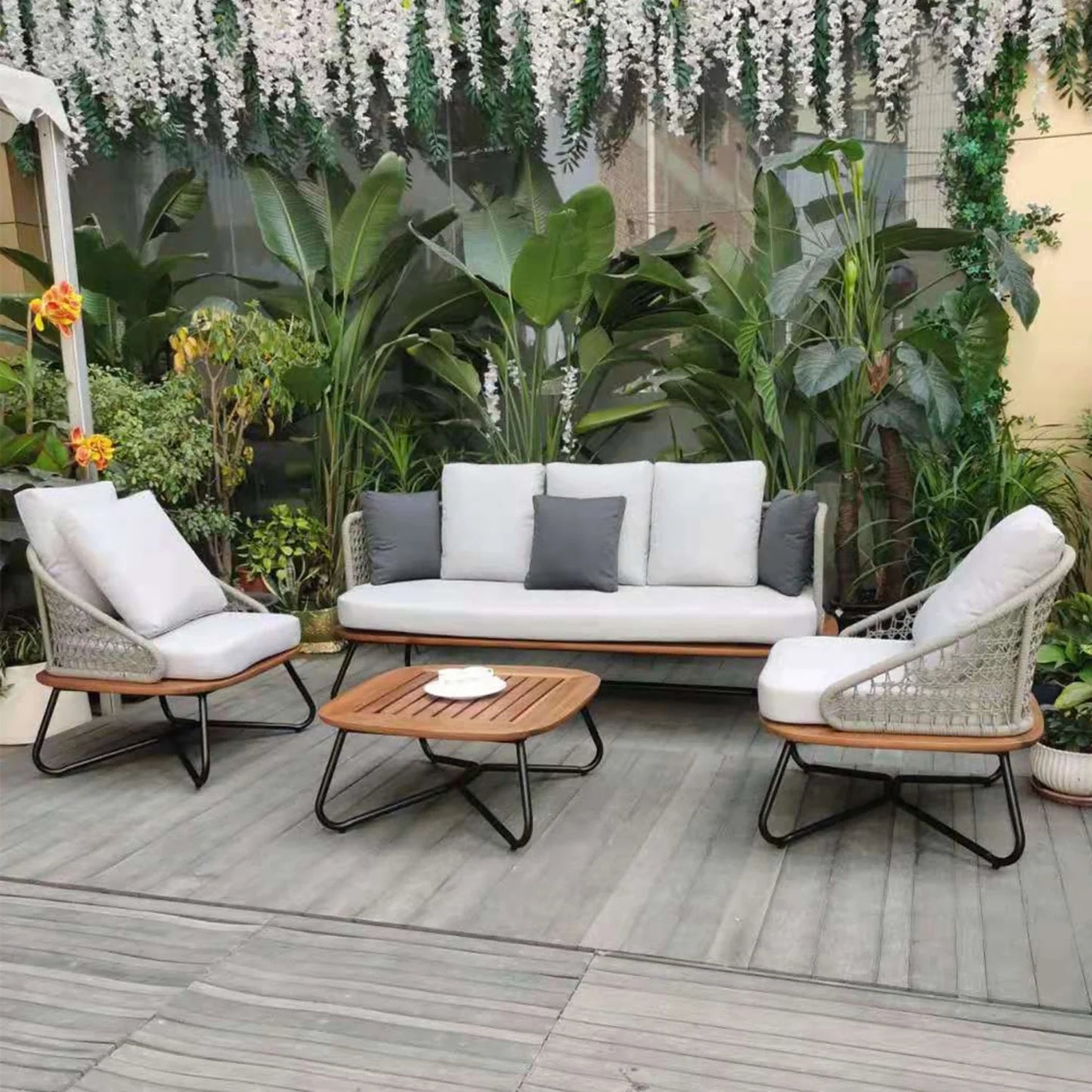 5-SEATER OUTDOOR ALL-WEATHER ROPE SOFA SET WITH WOODEN BASE