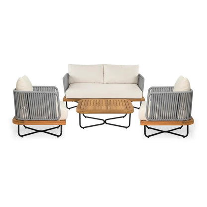 OUTDOOR 4-PIECE ROPE WOVEN CONVERSATION SOFA SET WITH WOODEN TOP TABLE