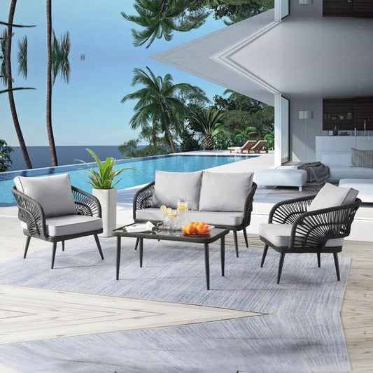 OUTDOOR ROPE 4-PIECE PATIO SOFA SET WITH GLASS TOP TABLE