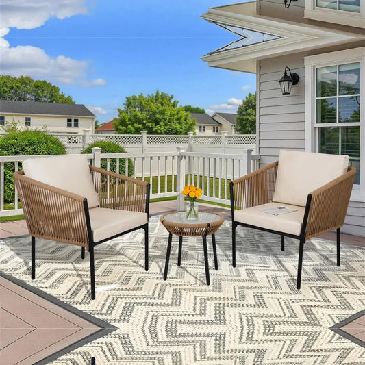 OUTDOOR ROPE PATIO SET WITH GLASS TOP TABLE