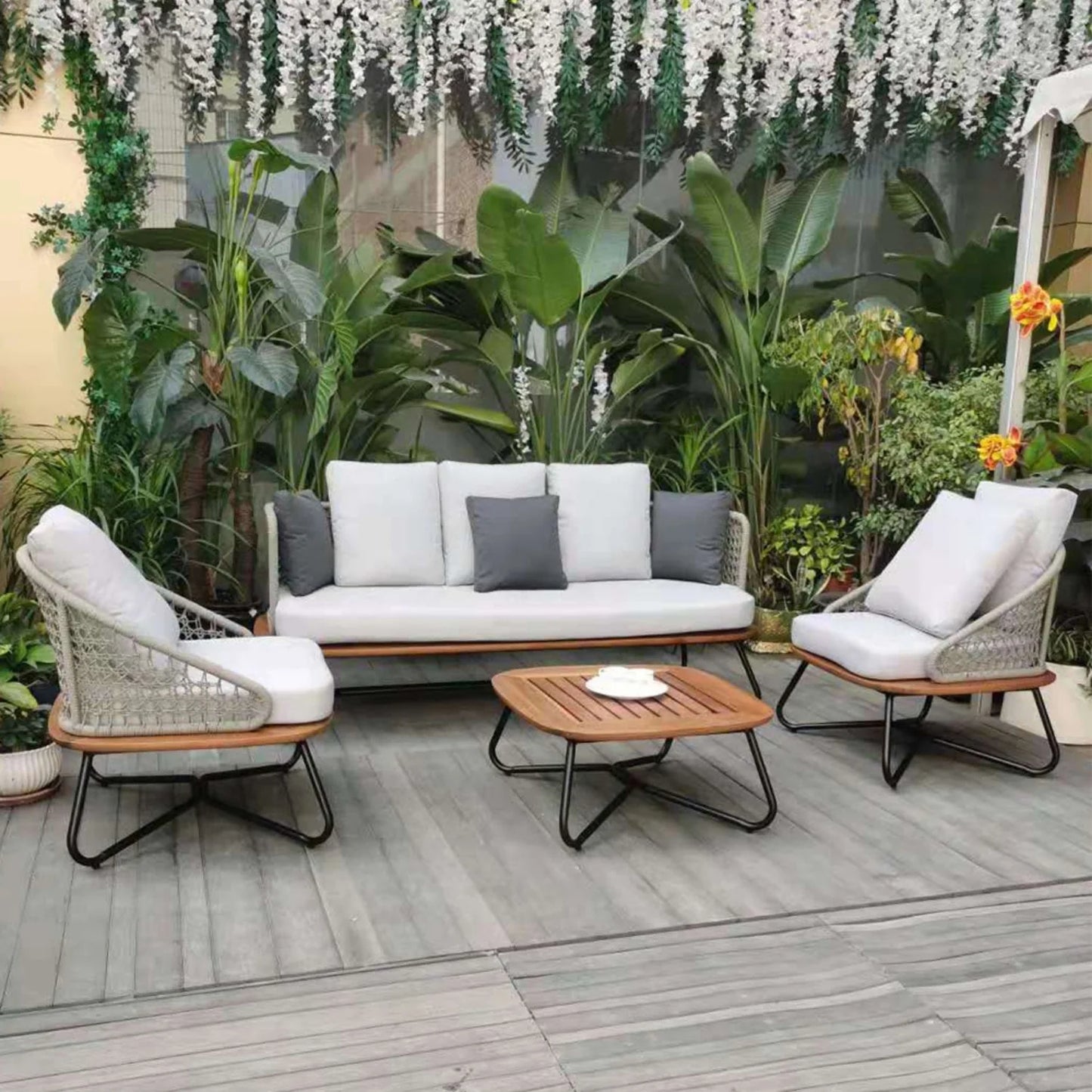 5-SEATER OUTDOOR ALL-WEATHER ROPE SOFA SET WITH WOODEN BASE