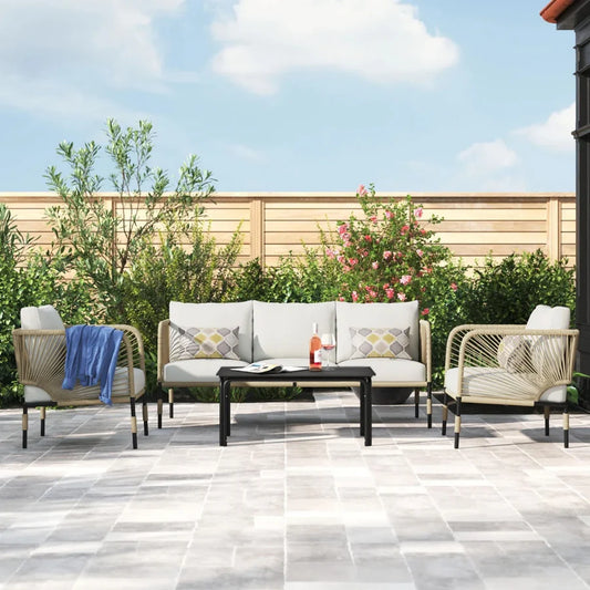 OUTDOOR ROPE 5-SEATER SOFA SET WITH GLASS TOP TABLE