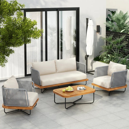 OUTDOOR 4-PIECE ROPE WOVEN CONVERSATION SOFA SET WITH WOODEN TOP TABLE