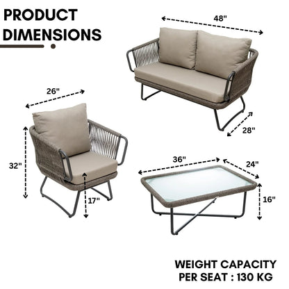 4-PIECE ROPE SOFA SET WITH GLASS TOP TABLE
