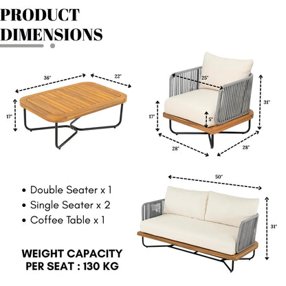 OUTDOOR 4-PIECE ROPE WOVEN CONVERSATION SOFA SET WITH WOODEN TOP TABLE