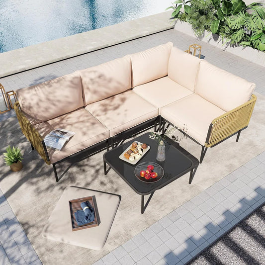 L-SHAPED ROPE WOVEN OUTDOOR SOFA SET
