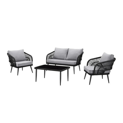 OUTDOOR ROPE 4-PIECE PATIO SOFA SET WITH GLASS TOP TABLE