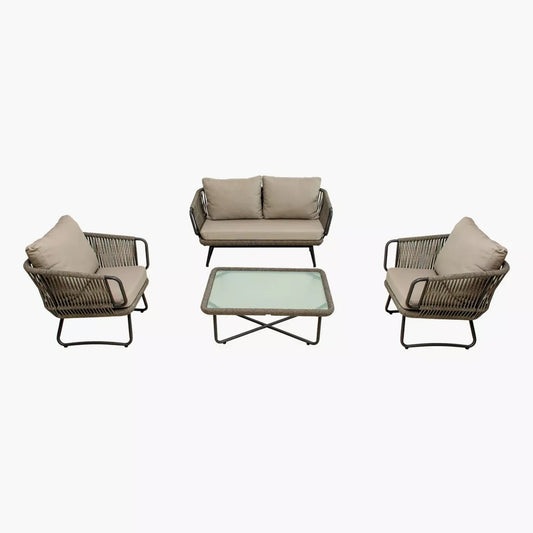4-PIECE ROPE SOFA SET WITH GLASS TOP TABLE