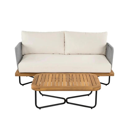 OUTDOOR 4-PIECE ROPE WOVEN CONVERSATION SOFA SET WITH WOODEN TOP TABLE