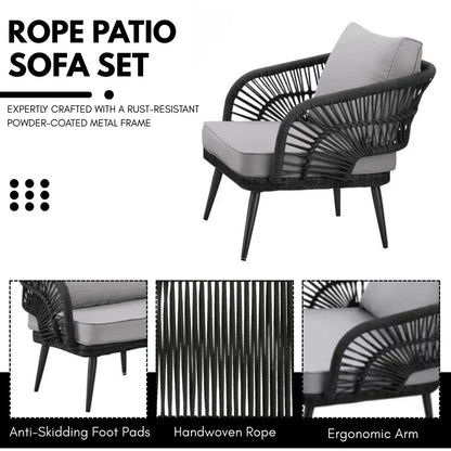 OUTDOOR ROPE 4-PIECE PATIO SOFA SET WITH GLASS TOP TABLE