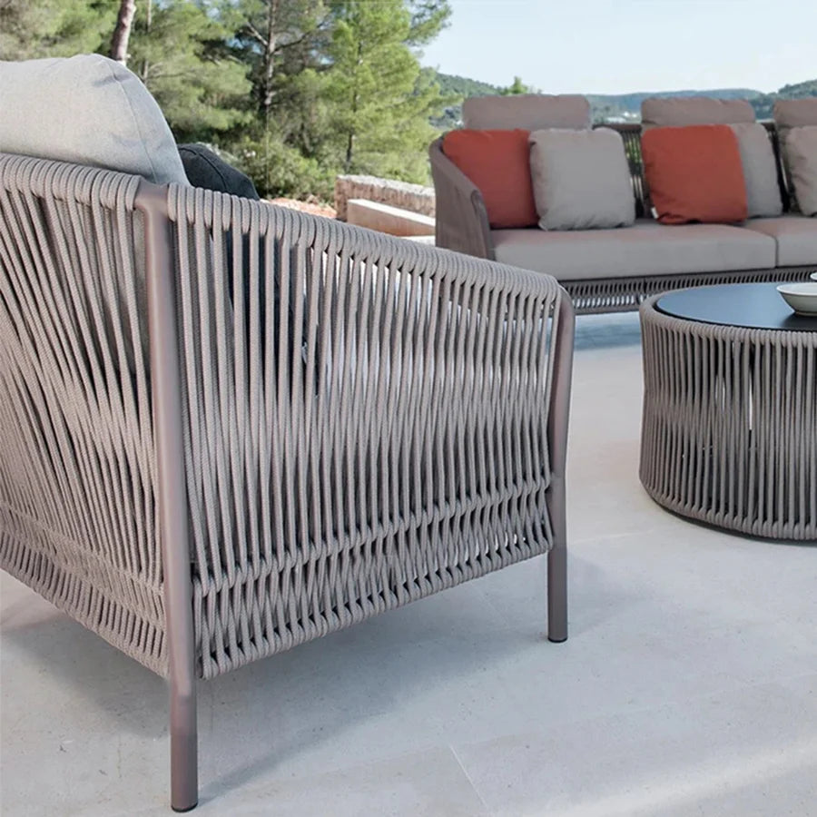 OUTDOOR 5 SEATER ROPE PATIO SOFA SET WITH CENTER TABLE AND SIDE TABLE