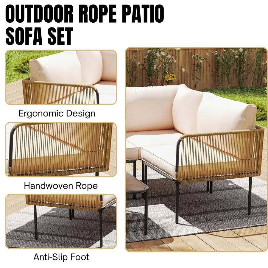 L-SHAPED ROPE WOVEN OUTDOOR SOFA SET