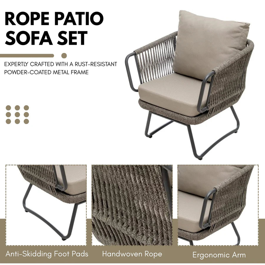 4-PIECE ROPE SOFA SET WITH GLASS TOP TABLE