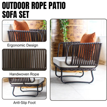 OUTDOOR ROPE 4-PIECE PATIO SOFA SET WITH WICKER TOP TABLE