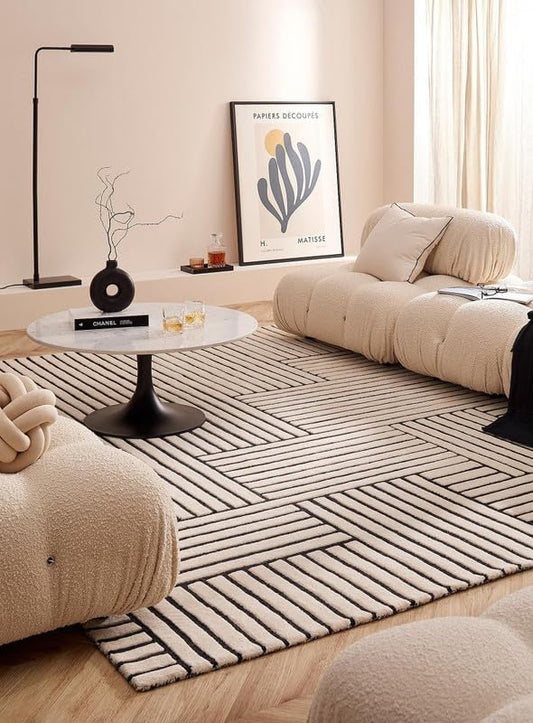 BEIGE AND BLACK HAND TUFTED WOOL CARPET